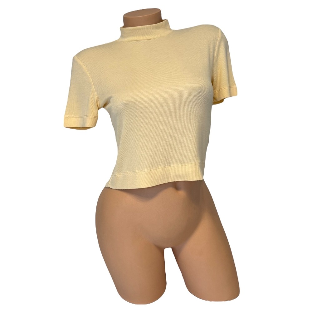 Babaton Aritzia Sz MEDIUM Ribbed Mock Neck Top Short Sleeve Cropped Light Yellow